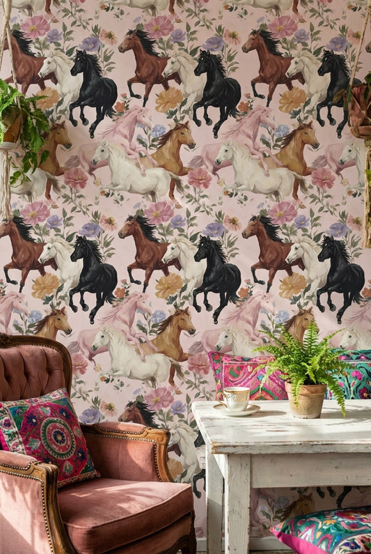 Horses Wallpaper Flowers Removable Abstract Wall Double Roll