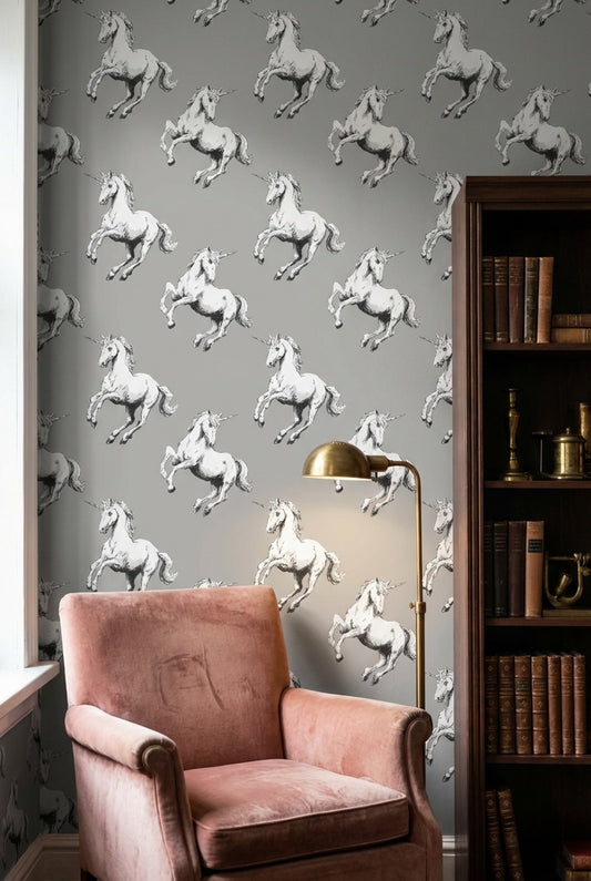 Unicorn Vintage Wallpaper Gray Animal Print Decorative Mural