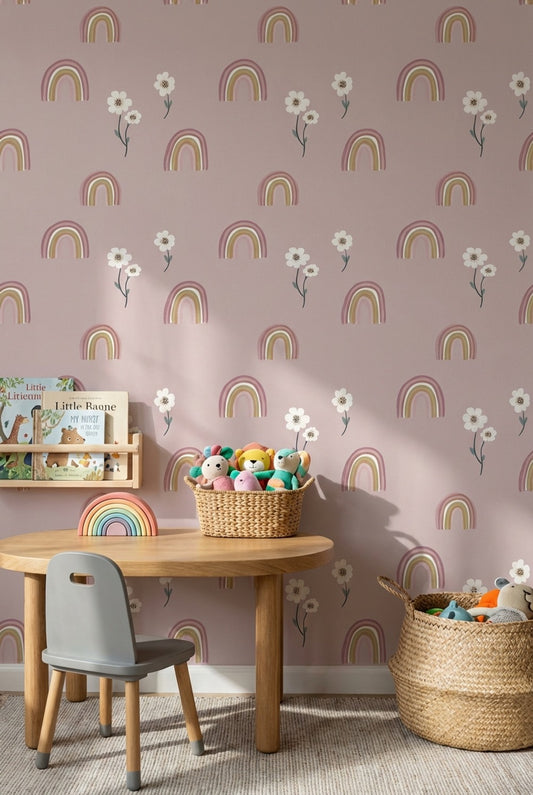 Rainbows Wallpaper Floral Pink Removable Wall Decor