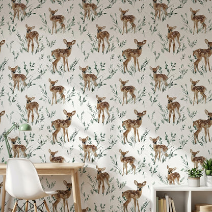 Watercolor Deer Wallpaper Nature Removable Foliage Wall Double Roll
