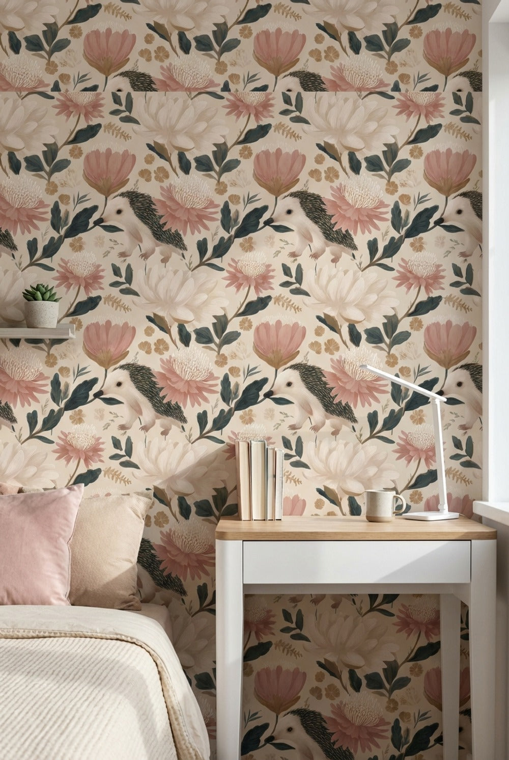 Floral Wallpaper Hedgehog Whimsical Mural