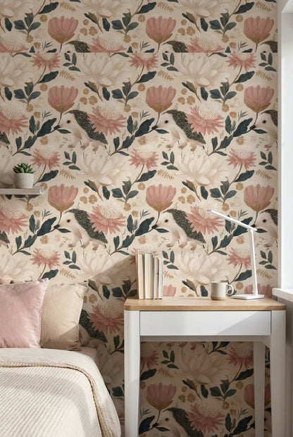 Floral Wallpaper Hedgehog Whimsical Mural