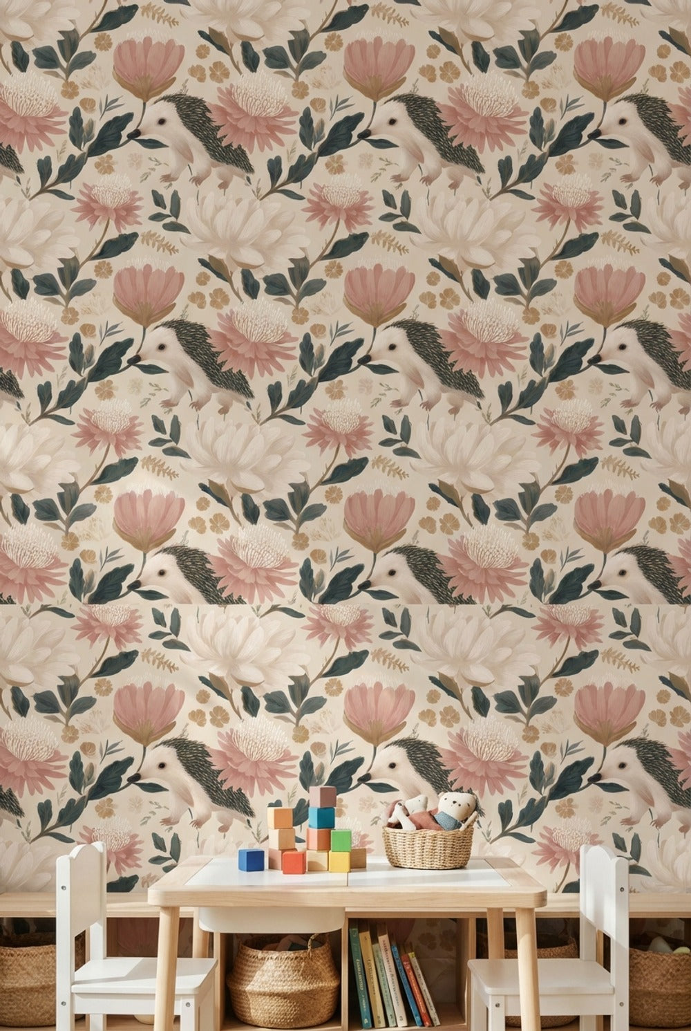 Floral Wallpaper Hedgehog Whimsical Mural