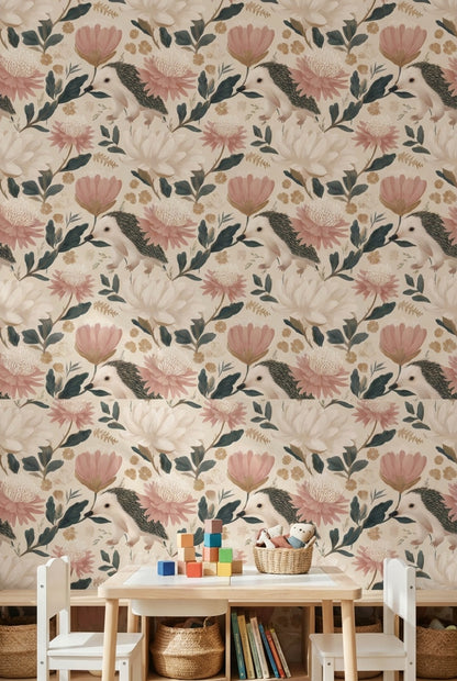 Floral Wallpaper Hedgehog Whimsical Mural