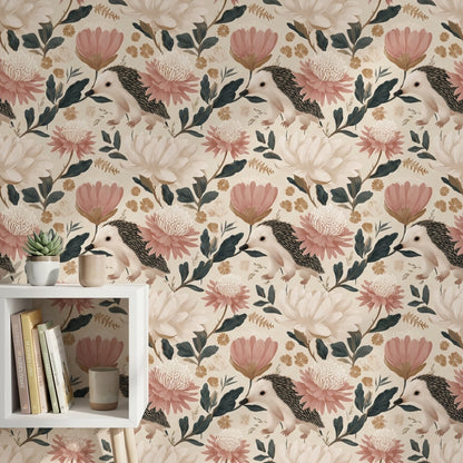 Floral Wallpaper Hedgehog Whimsical Mural
