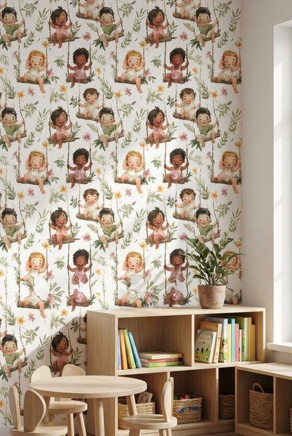 Children Wallpaper Swings Floral Decorative Mural