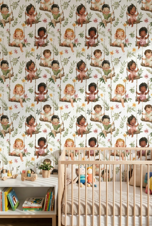 Children Wallpaper Swings Floral Decorative Mural