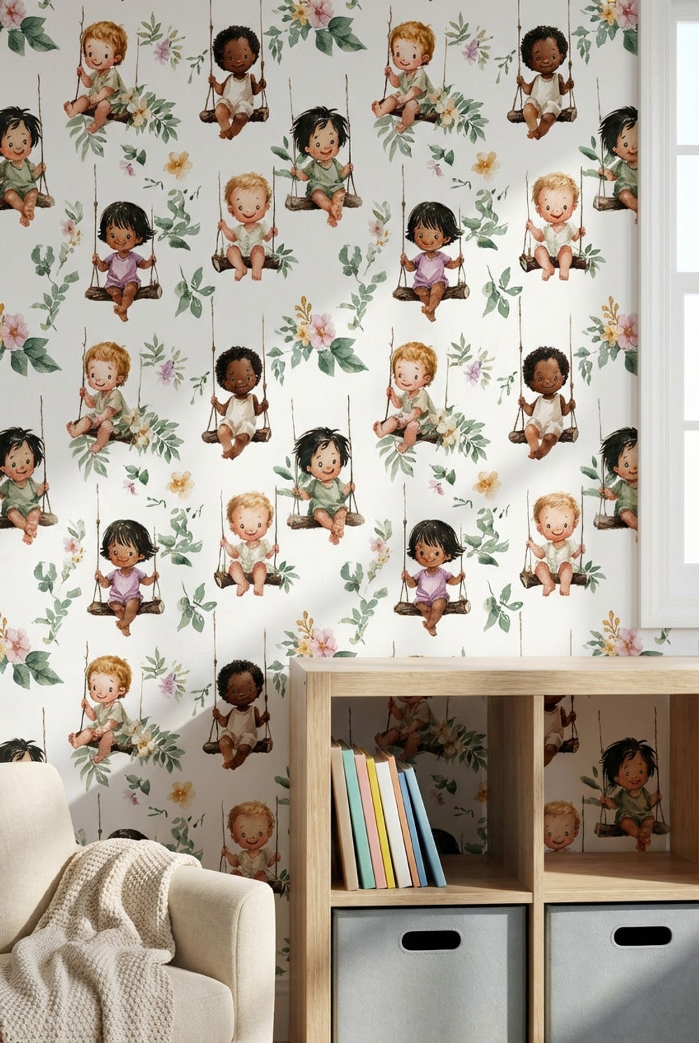 Children Wallpaper Swings Removable Floral Wall Decor