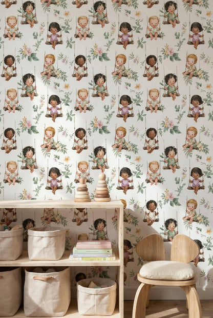 Children Wallpaper Swings Removable Floral Wall Decor