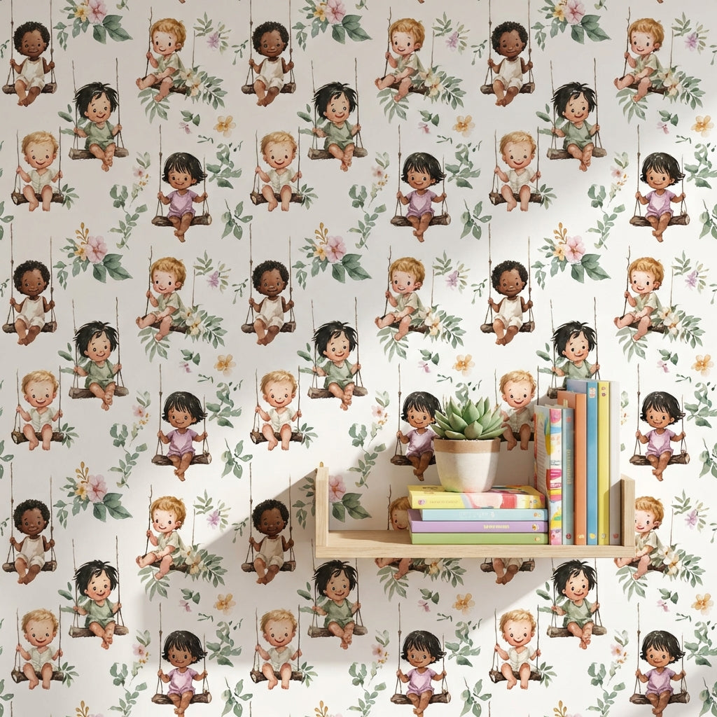 Children Wallpaper Swings Removable Floral Wall Decor