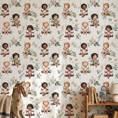 Children Wallpaper Swings Removable Floral Wall Decor