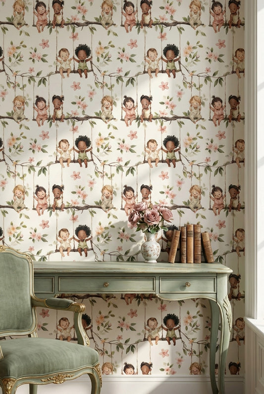 Children Floral Wallpaper Branches Playful Removable Wall Decor