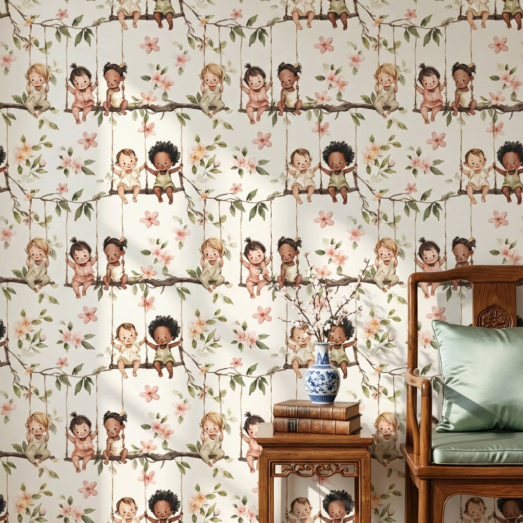 Children Floral Wallpaper Branches Playful Removable Wall Decor