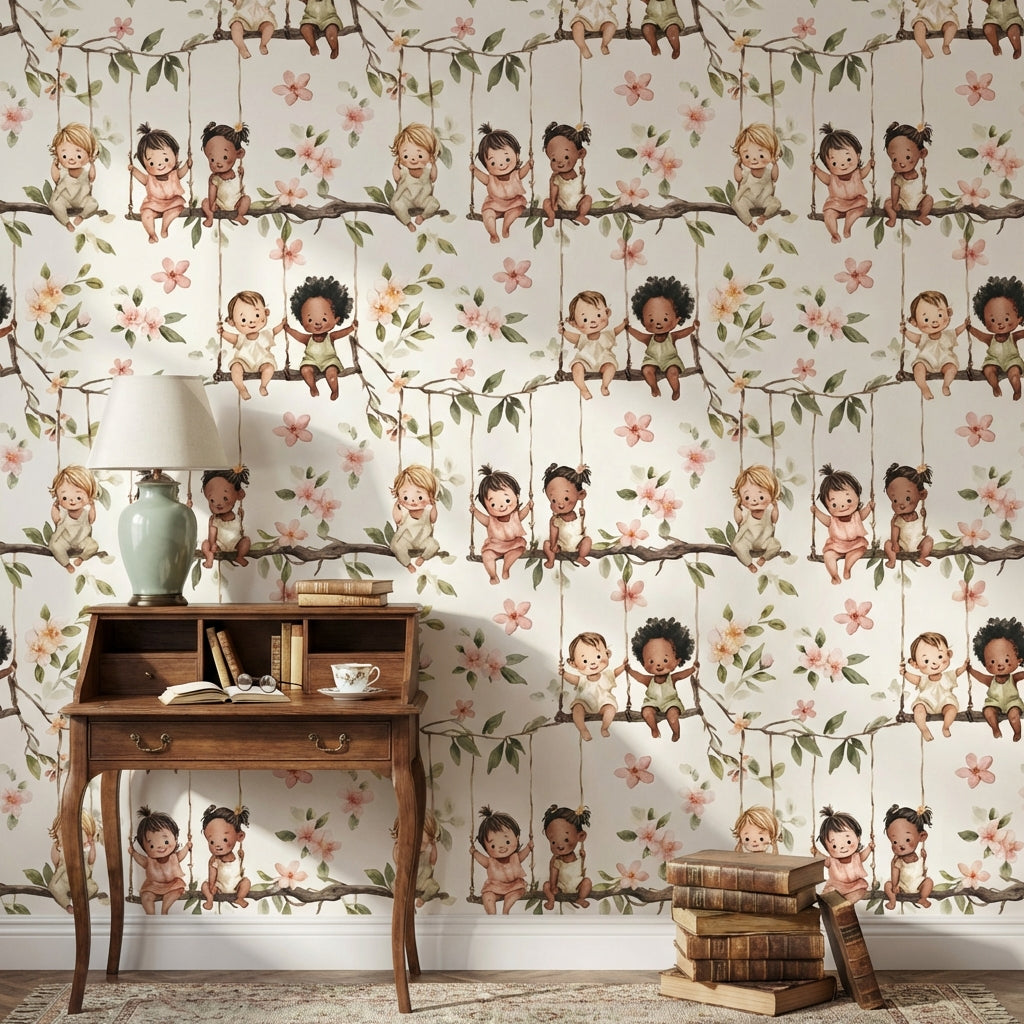Children Floral Wallpaper Branches Playful Removable Wall Decor