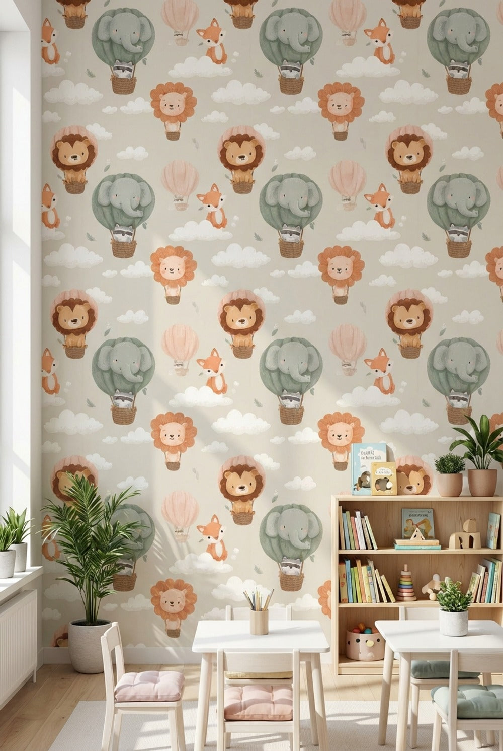 Whimsical Animals Wallpaper Clouds Pastel Decorative Mural