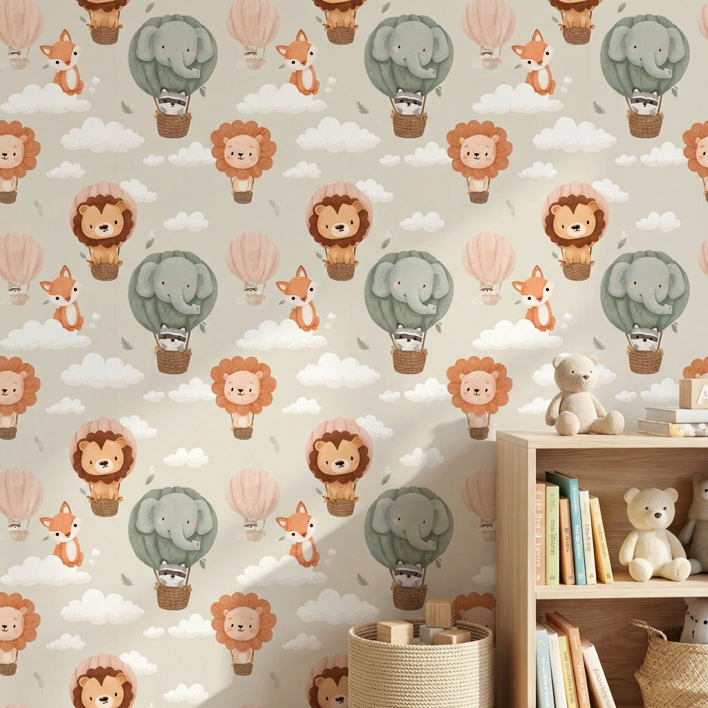 Whimsical Animals Wallpaper Clouds Pastel Decorative Mural