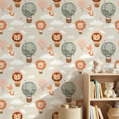 Whimsical Animals Wallpaper Clouds Pastel Decorative Mural