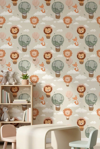 Whimsical Animals Wallpaper Clouds Pastel Decorative Mural