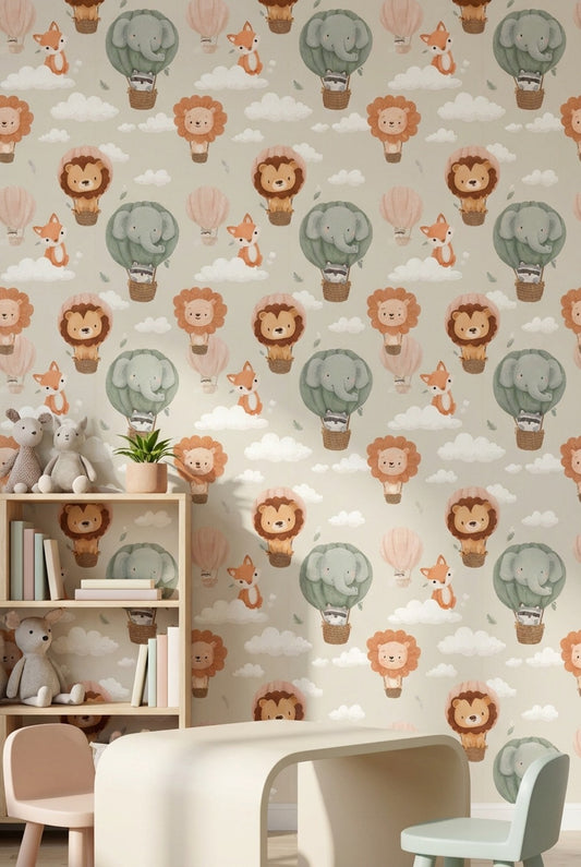 Whimsical Animals Wallpaper Clouds Pastel Decorative Mural