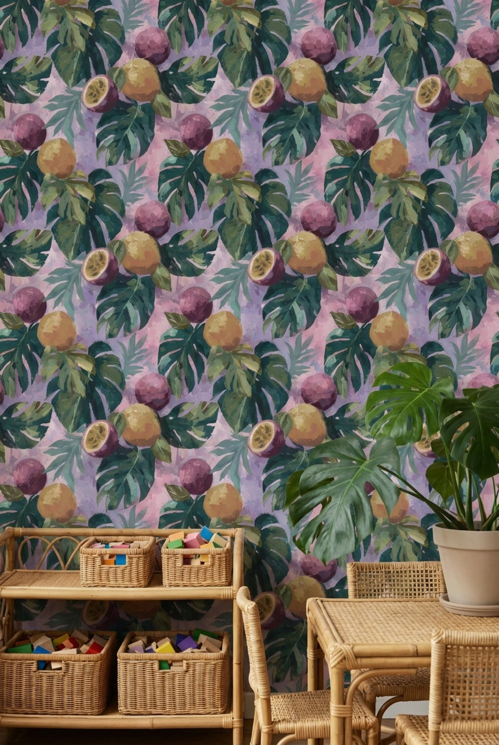 Tropical Wallpaper Fruits Leaves Decorative Mural