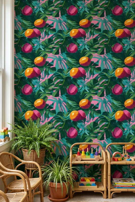 Tropical Leaves Wallpaper Fruits Vibrant Removable Wall Decor