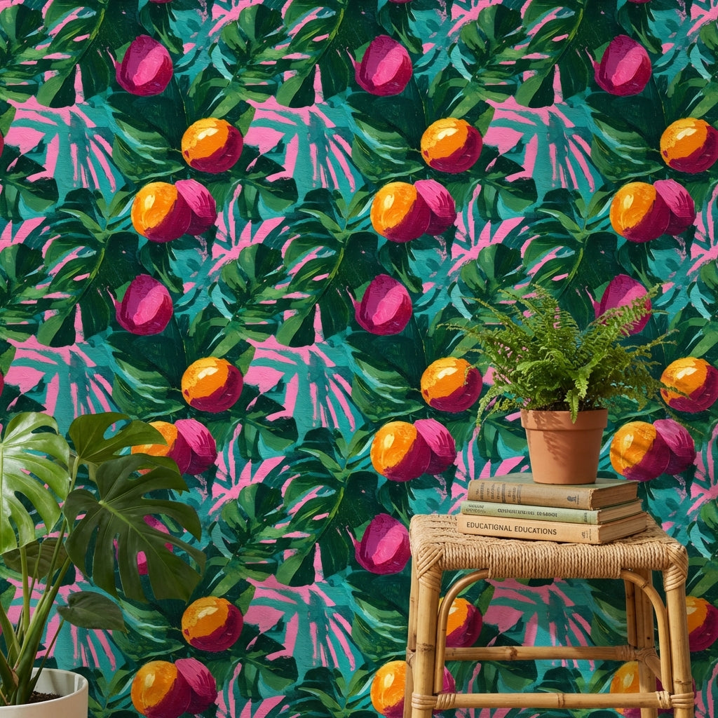 Tropical Leaves Wallpaper Fruits Vibrant Removable Wall Decor