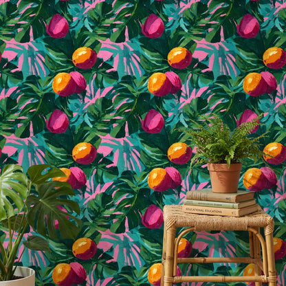 Tropical Leaves Wallpaper Fruits Vibrant Removable Wall Decor