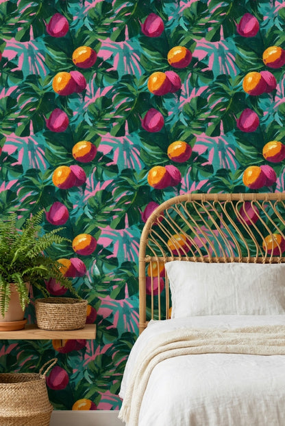 Tropical Leaves Wallpaper Fruits Vibrant Removable Wall Decor