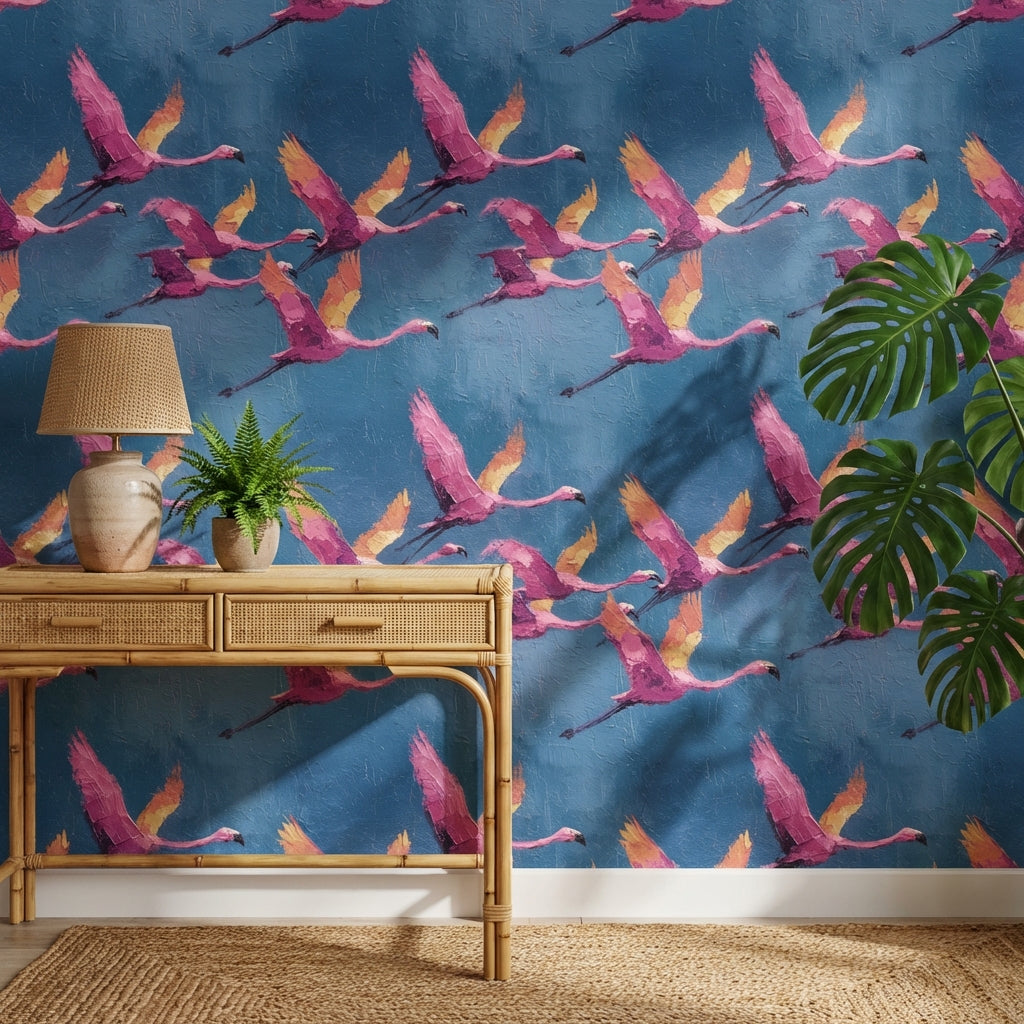 Flamingos Wallpaper Abstract Removable Blue Wall Double Roll