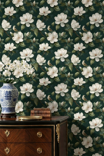 Floral Wallpaper Bird Magnolia Removable Wall Decor