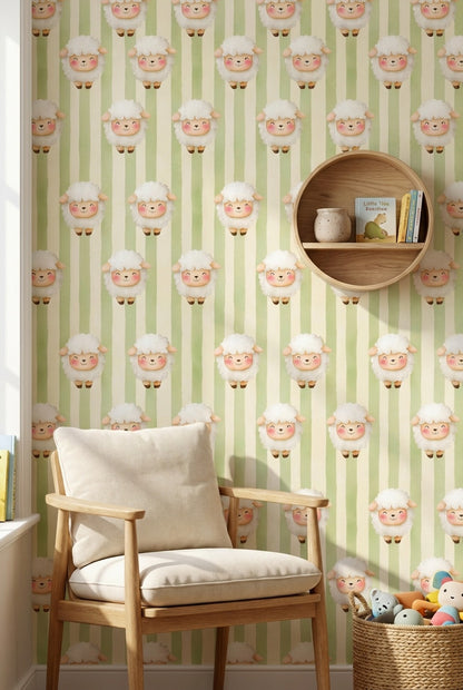 Sheep Wallpaper Striped Whimsical Removable Wall Decor