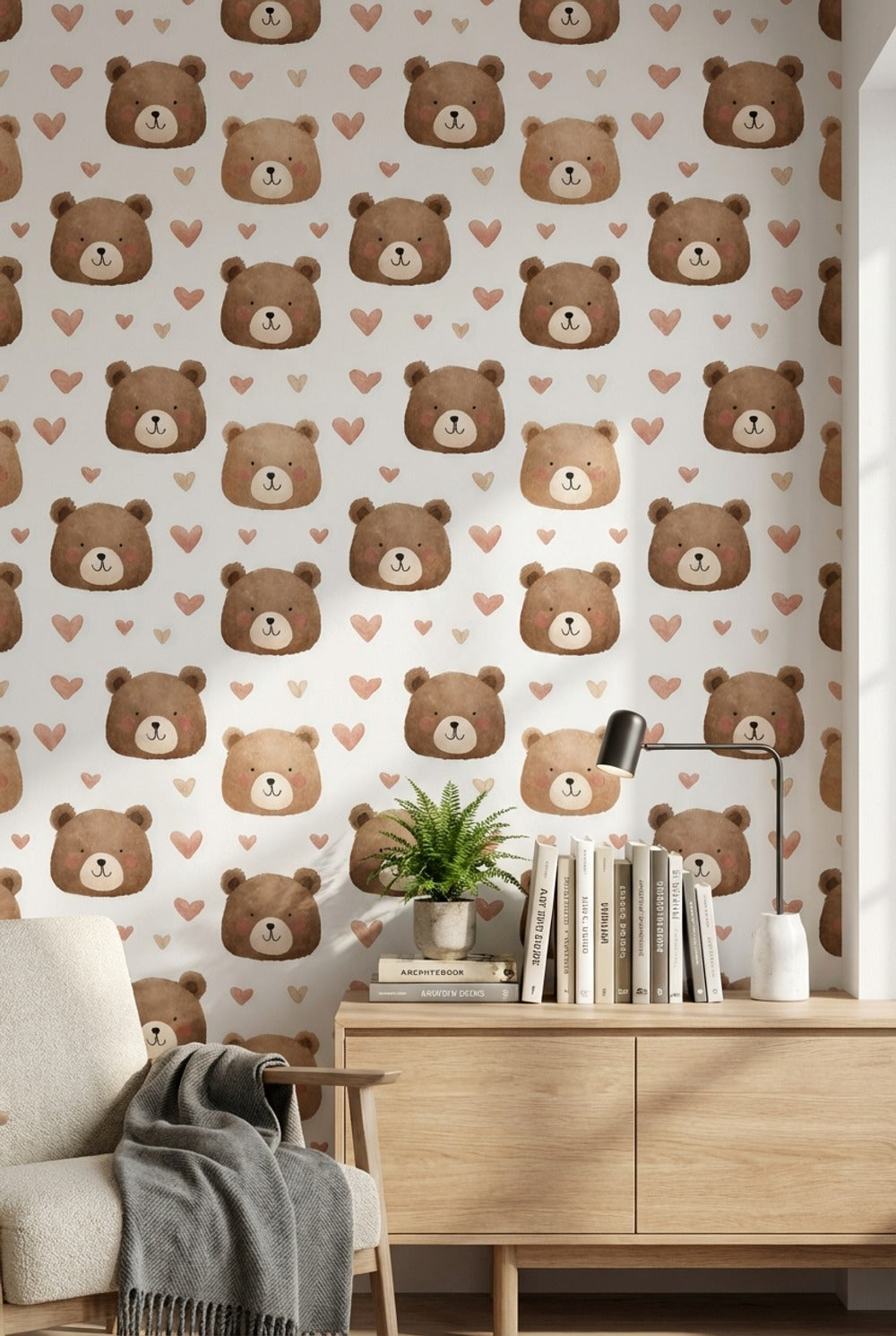 Cute Bears Wallpaper Hearts Watercolor Decorative Mural