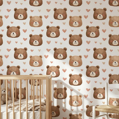 Cute Bears Wallpaper Hearts Watercolor Decorative Mural