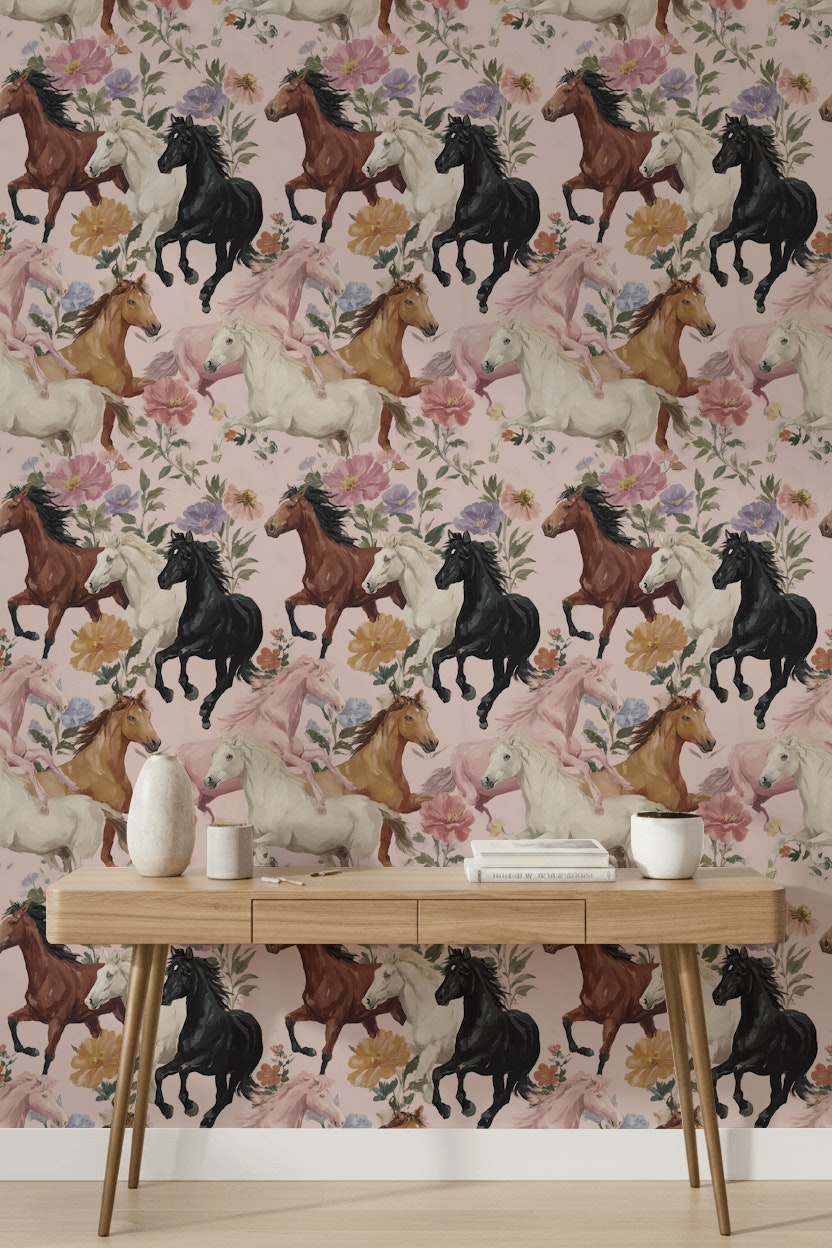 Horses Wallpaper Flowers Removable Abstract Wall Decor