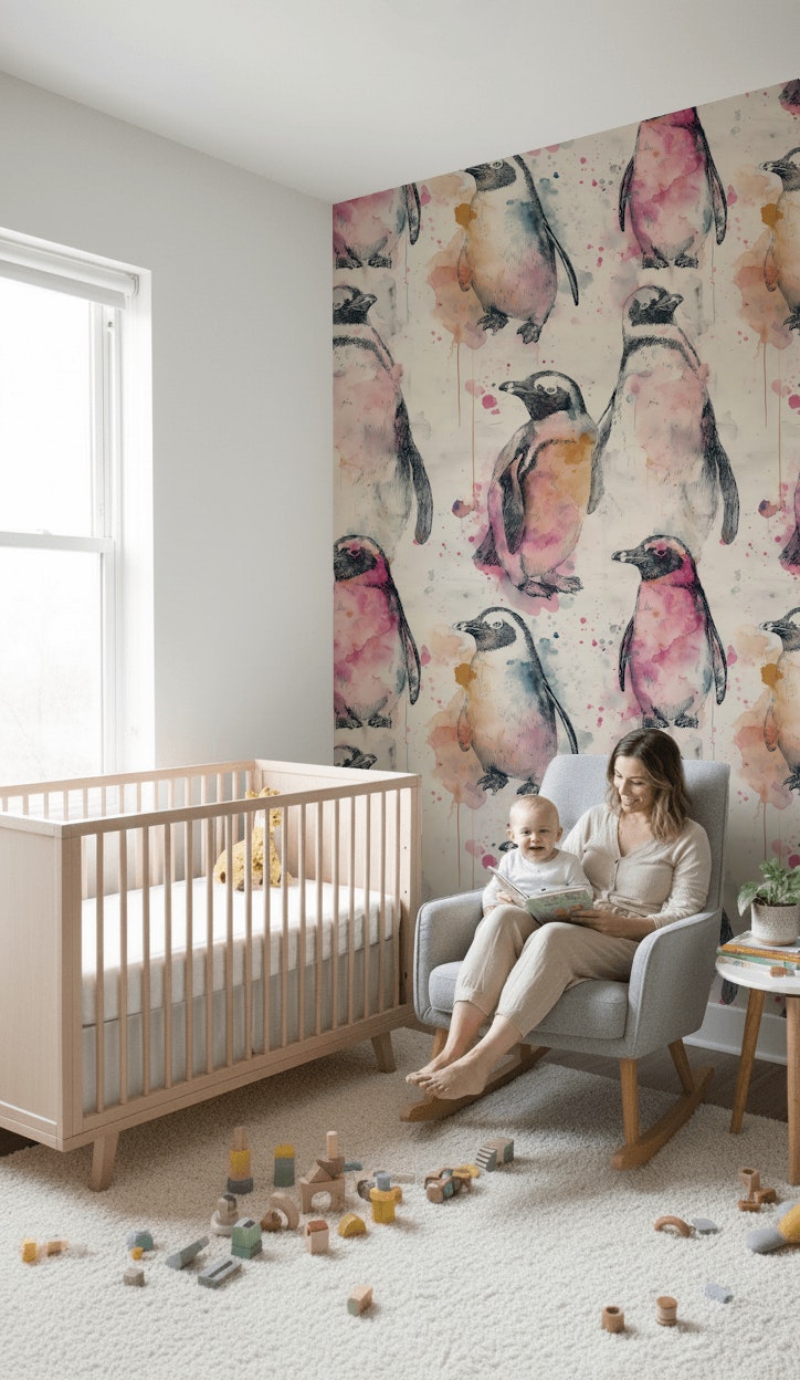 Penguins Wallpaper Watercolor Abstract Removable Wall Decor