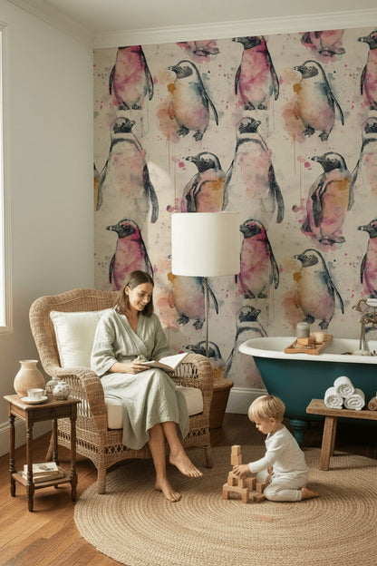 Penguins Wallpaper Watercolor Abstract Removable Wall Decor