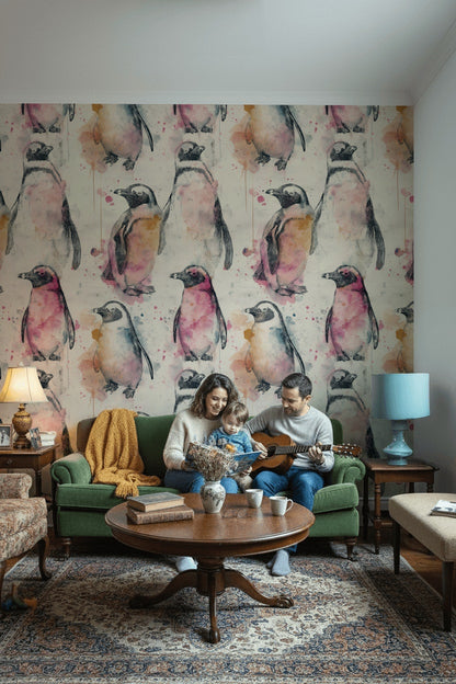 Penguins Wallpaper Watercolor Abstract Removable Wall Decor