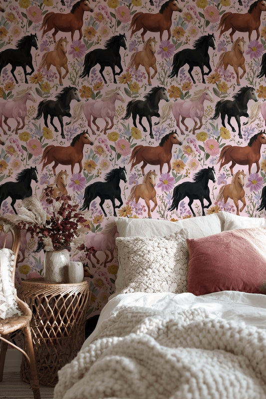 Horses Wallpaper Floral Colorful Removable Wall Decor