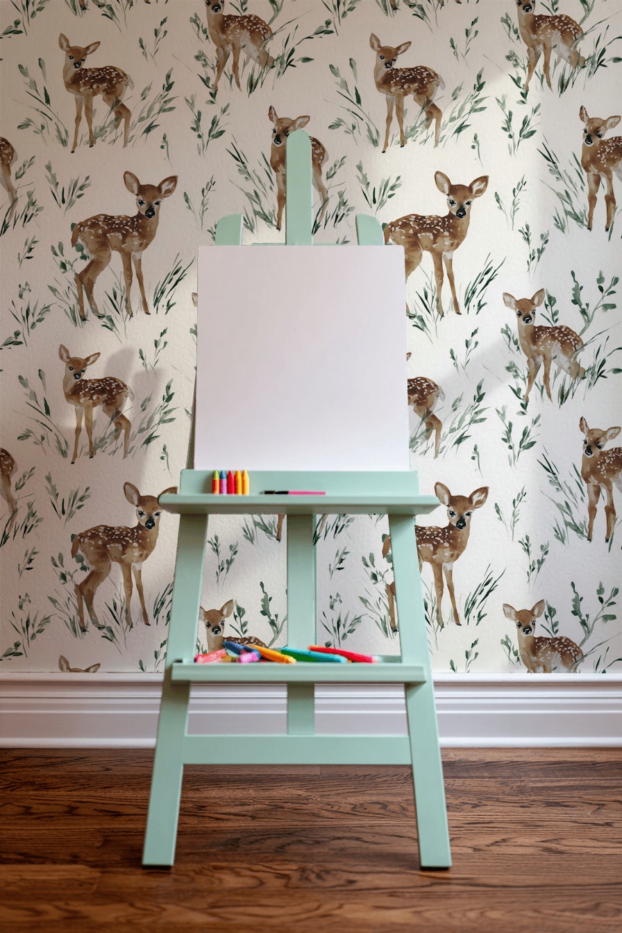 Watercolor Deer Wallpaper Nature Removable Foliage Wall Double Roll