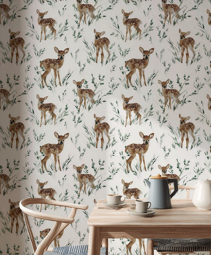 Watercolor Deer Wallpaper Nature Removable Foliage Wall Double Roll