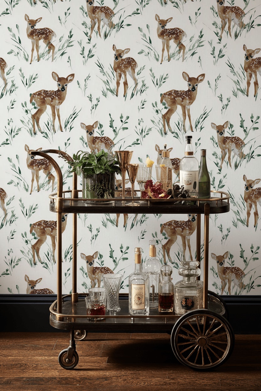 Watercolor Deer Wallpaper Nature Removable Foliage Wall Double Roll