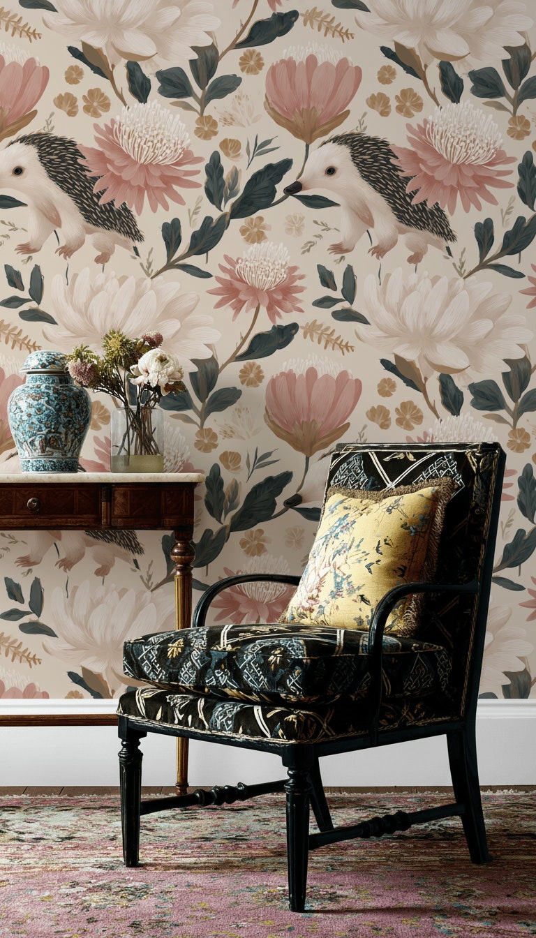 Floral Wallpaper Hedgehog Whimsical Mural