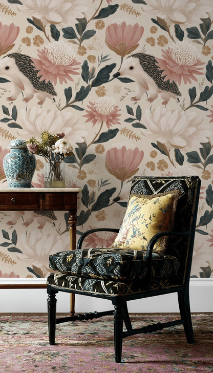 Floral Wallpaper Hedgehog Whimsical Mural