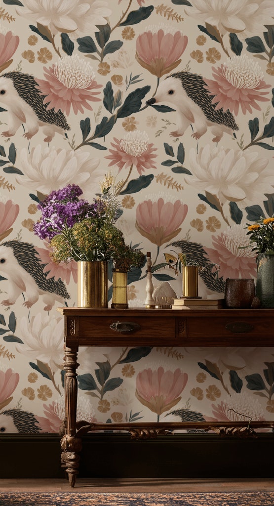 Floral Wallpaper Hedgehog Whimsical Mural