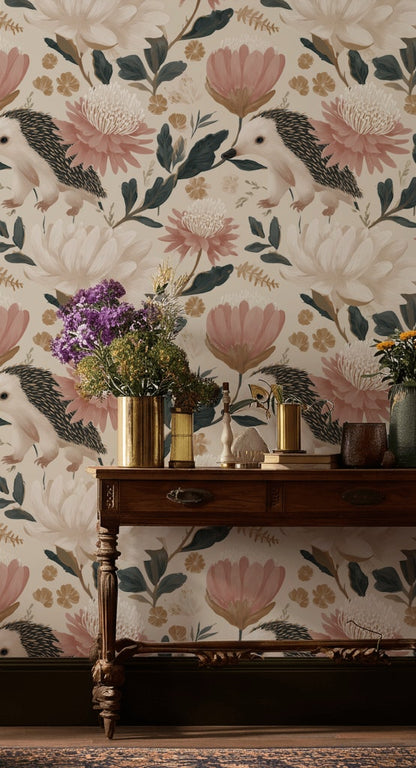 Floral Wallpaper Hedgehog Whimsical Mural