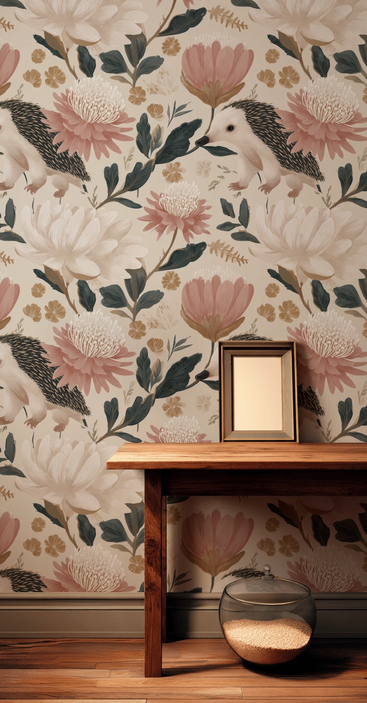 Floral Wallpaper Hedgehog Whimsical Mural