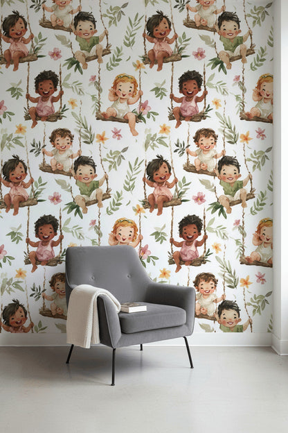 Children Wallpaper Swings Floral Decorative Mural
