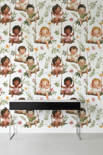 Children Wallpaper Swings Floral Decorative Mural