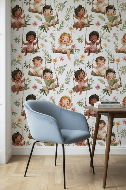 Children Wallpaper Swings Floral Decorative Mural