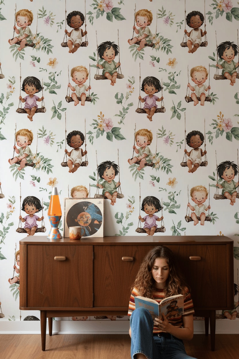 Children Wallpaper Swings Removable Floral Wall Decor